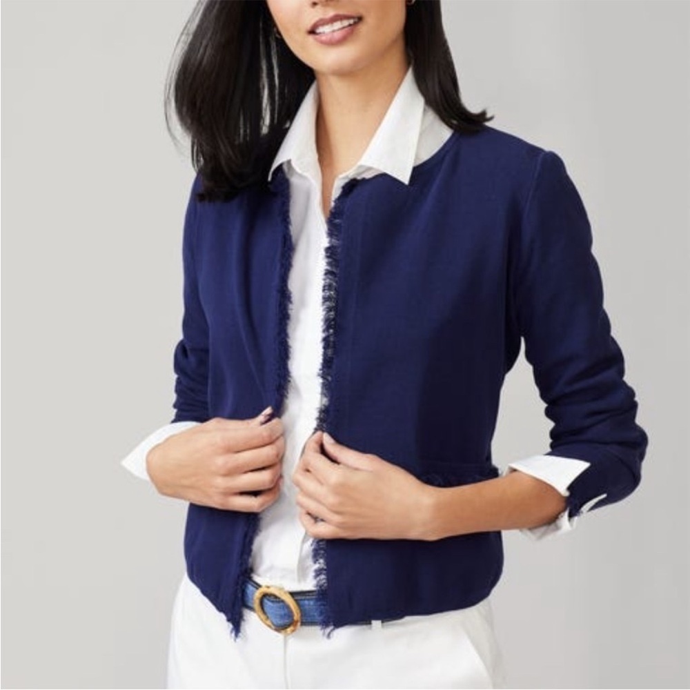 J. McLaughlin Marie Navy Blue Fringe Open Front Cardigan Sweater Pockets XL